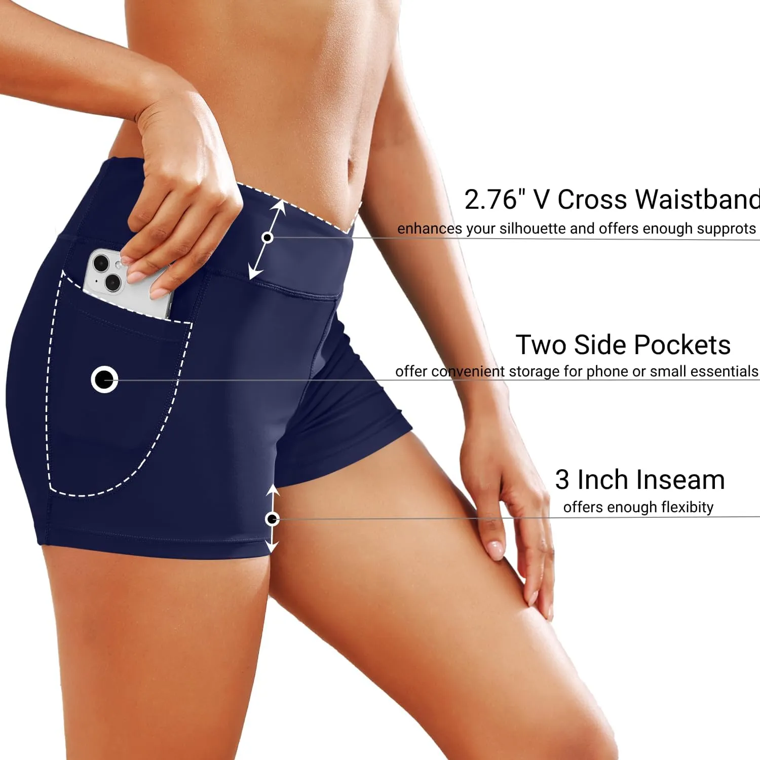 Women 3" High Waisted Swim Board Shorts V Cross Boy Shorts Swim Bathing Suit Bottoms Swimwear with Pockets