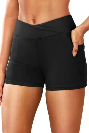 Women 3" High Waisted Swim Board Shorts V Cross Boy Shorts Swim Bathing Suit Bottoms Swimwear with Pockets