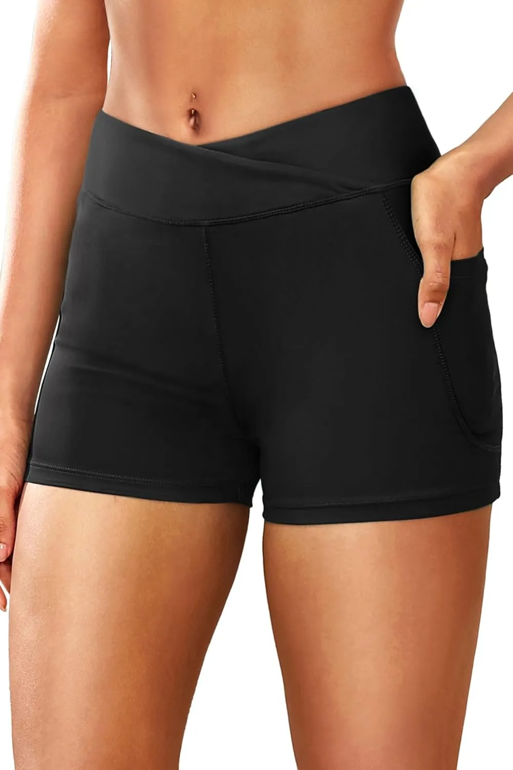 Women 3" High Waisted Swim Board Shorts V Cross Boy Shorts Swim Bathing Suit Bottoms Swimwear with Pockets
