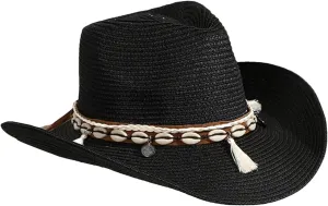 Womens Cowboy Style Straw Hat Crimping Sun Visor Conch Decorative Streamers Summer Straw Jazz Hats Wide Brim