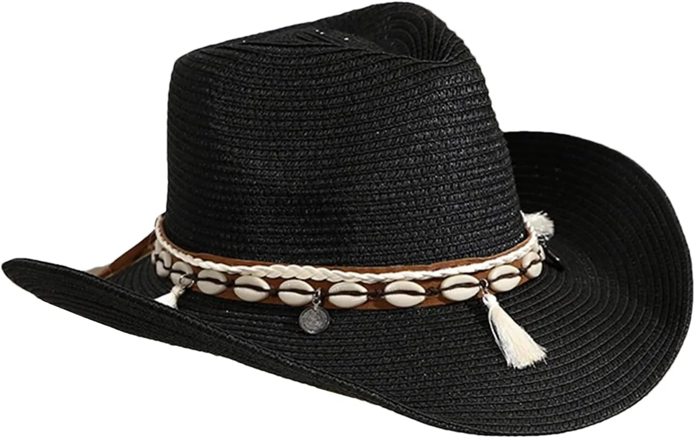 Womens Cowboy Style Straw Hat Crimping Sun Visor Conch Decorative Streamers Summer Straw Jazz Hats Wide Brim