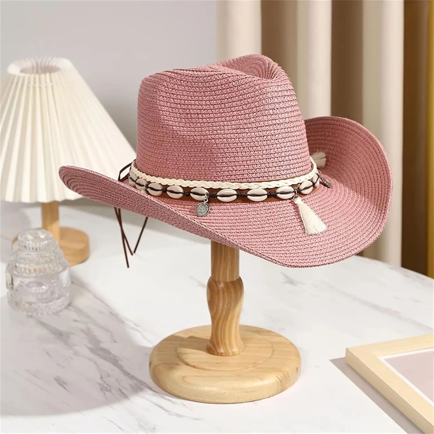 Womens Cowboy Style Straw Hat Crimping Sun Visor Conch Decorative Streamers Summer Straw Jazz Hats Wide Brim