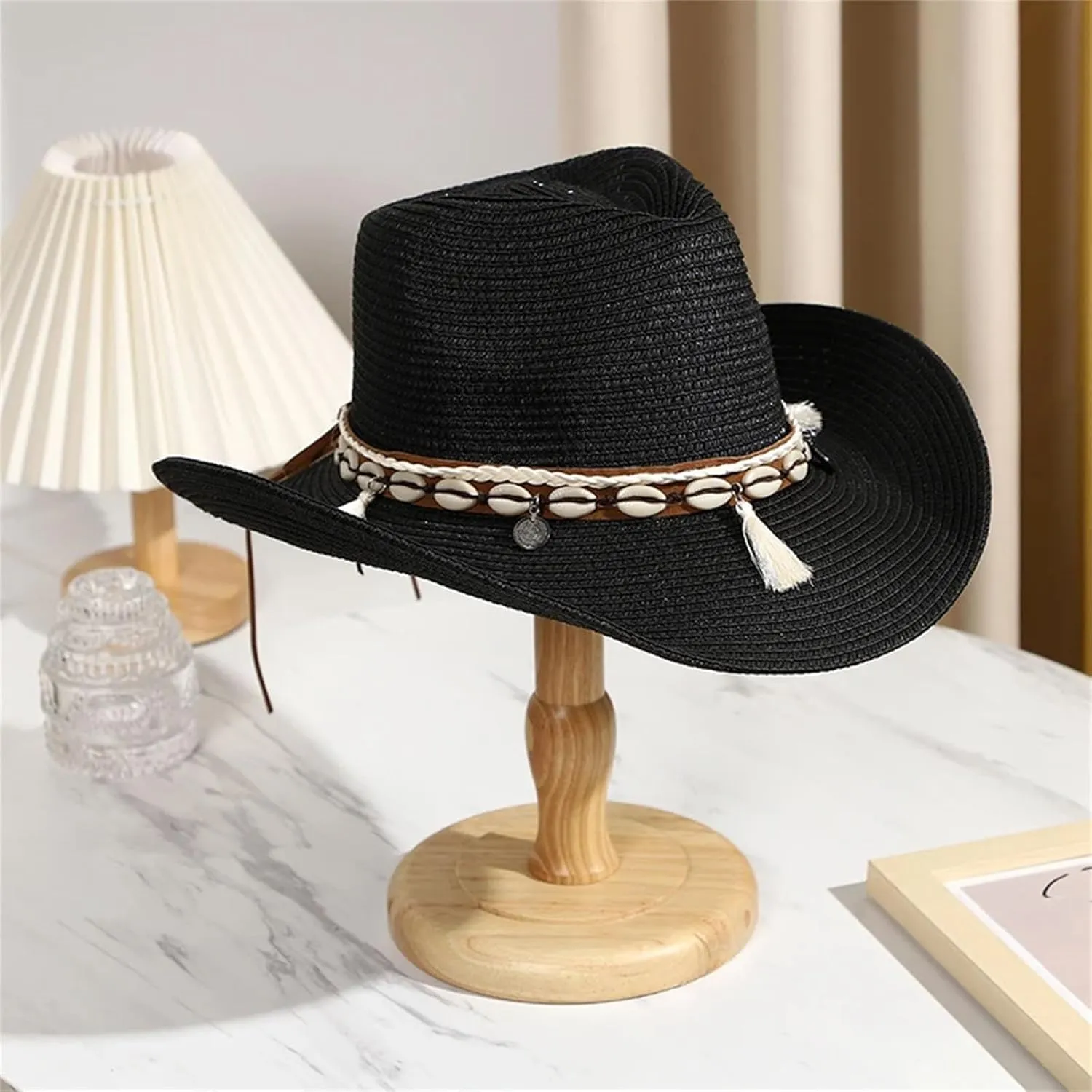 Womens Cowboy Style Straw Hat Crimping Sun Visor Conch Decorative Streamers Summer Straw Jazz Hats Wide Brim