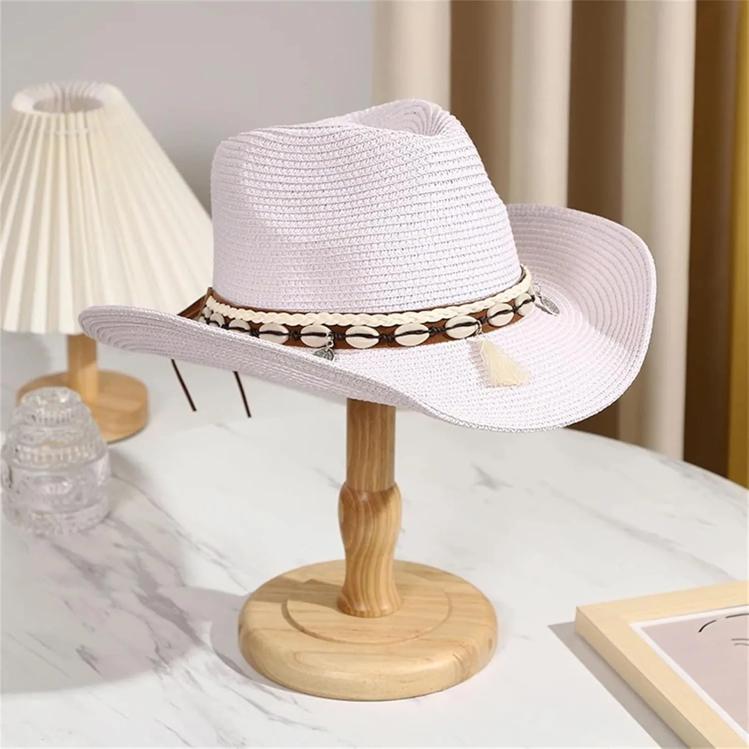 Womens Cowboy Style Straw Hat Crimping Sun Visor Conch Decorative Streamers Summer Straw Jazz Hats Wide Brim