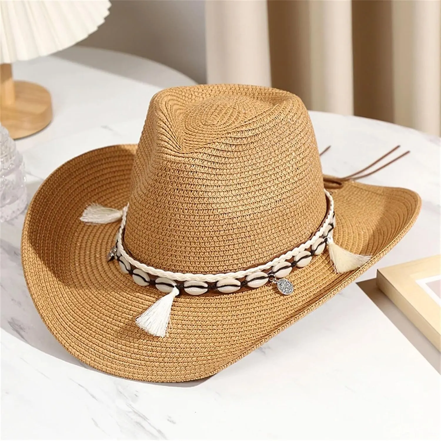 Womens Cowboy Style Straw Hat Crimping Sun Visor Conch Decorative Streamers Summer Straw Jazz Hats Wide Brim