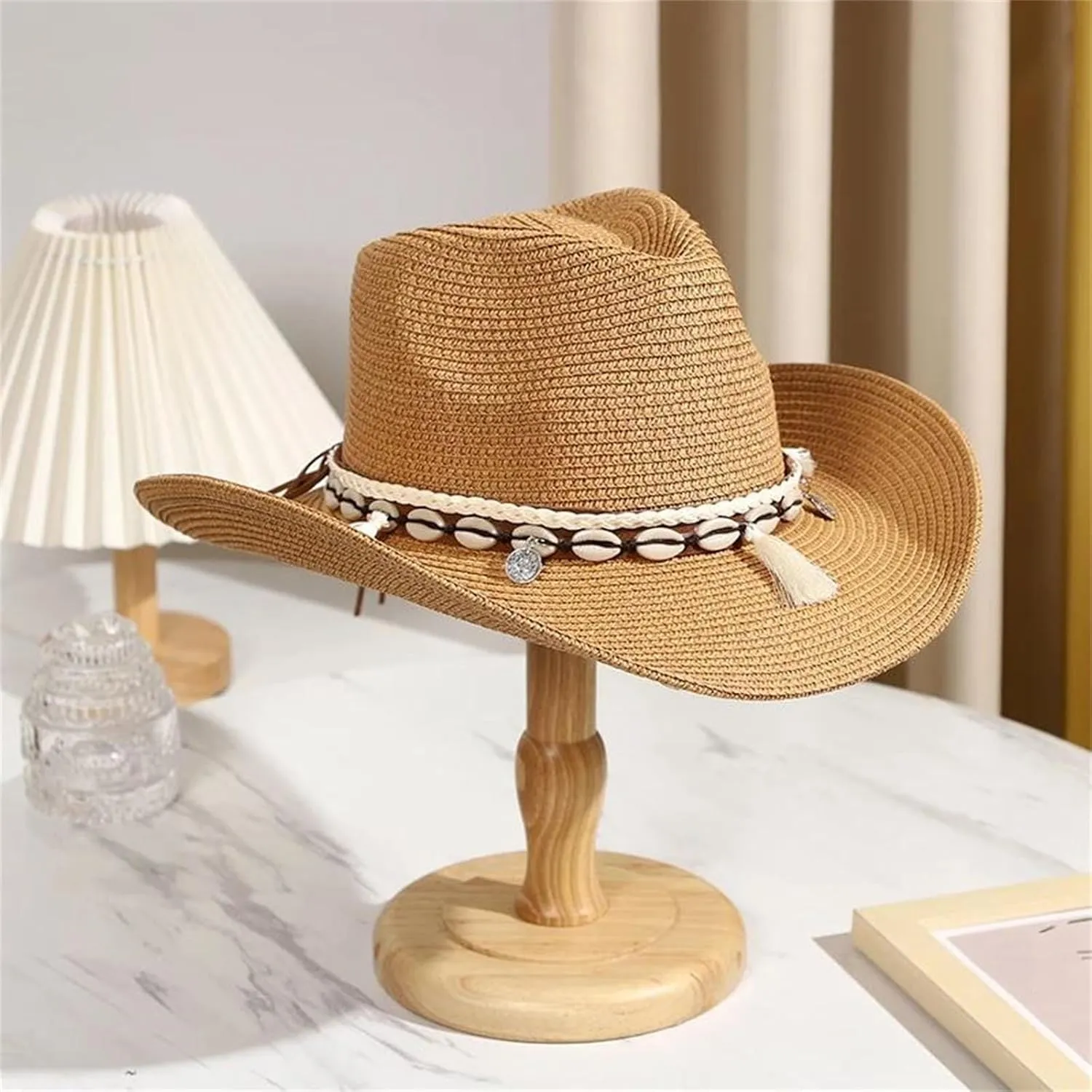 Womens Cowboy Style Straw Hat Crimping Sun Visor Conch Decorative Streamers Summer Straw Jazz Hats Wide Brim
