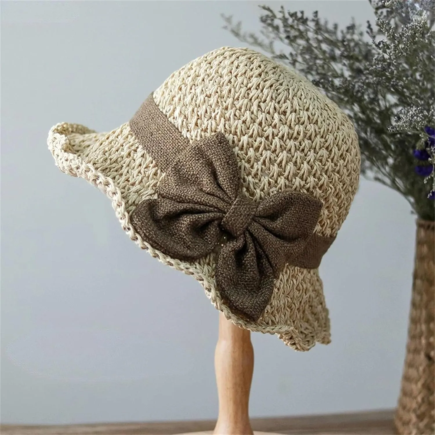 WomenS Elegant Pastoral Bow Straw Hat Retro Summer Versatile Sun Hat Dome Outdoor Outing Beach Visor