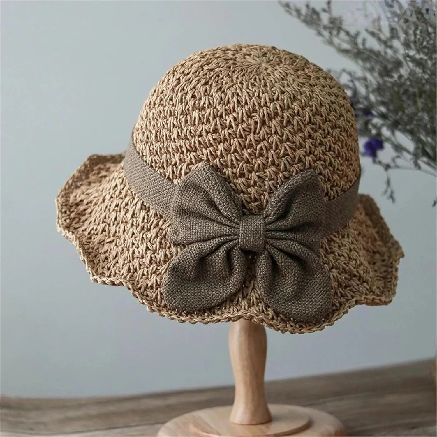 WomenS Elegant Pastoral Bow Straw Hat Retro Summer Versatile Sun Hat Dome Outdoor Outing Beach Visor