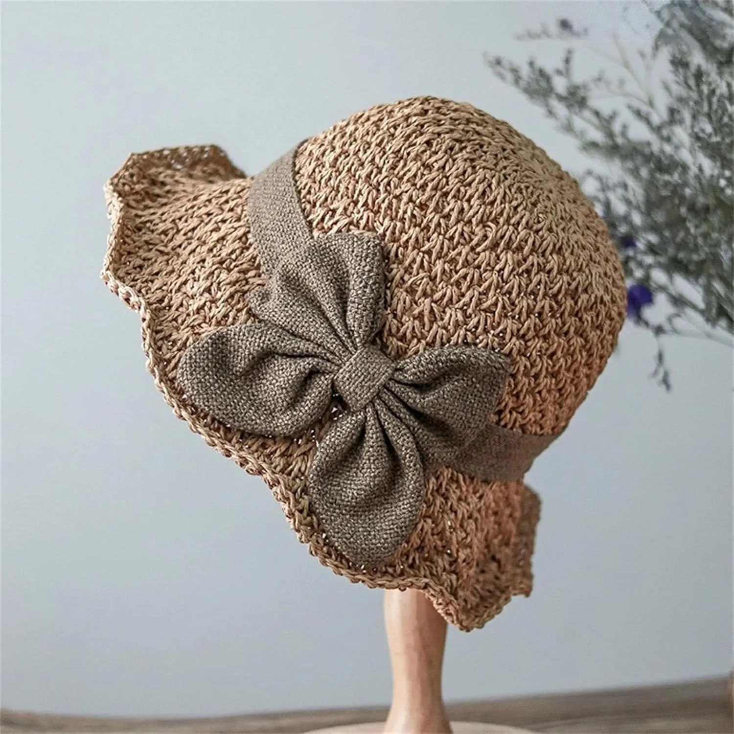 WomenS Elegant Pastoral Bow Straw Hat Retro Summer Versatile Sun Hat Dome Outdoor Outing Beach Visor