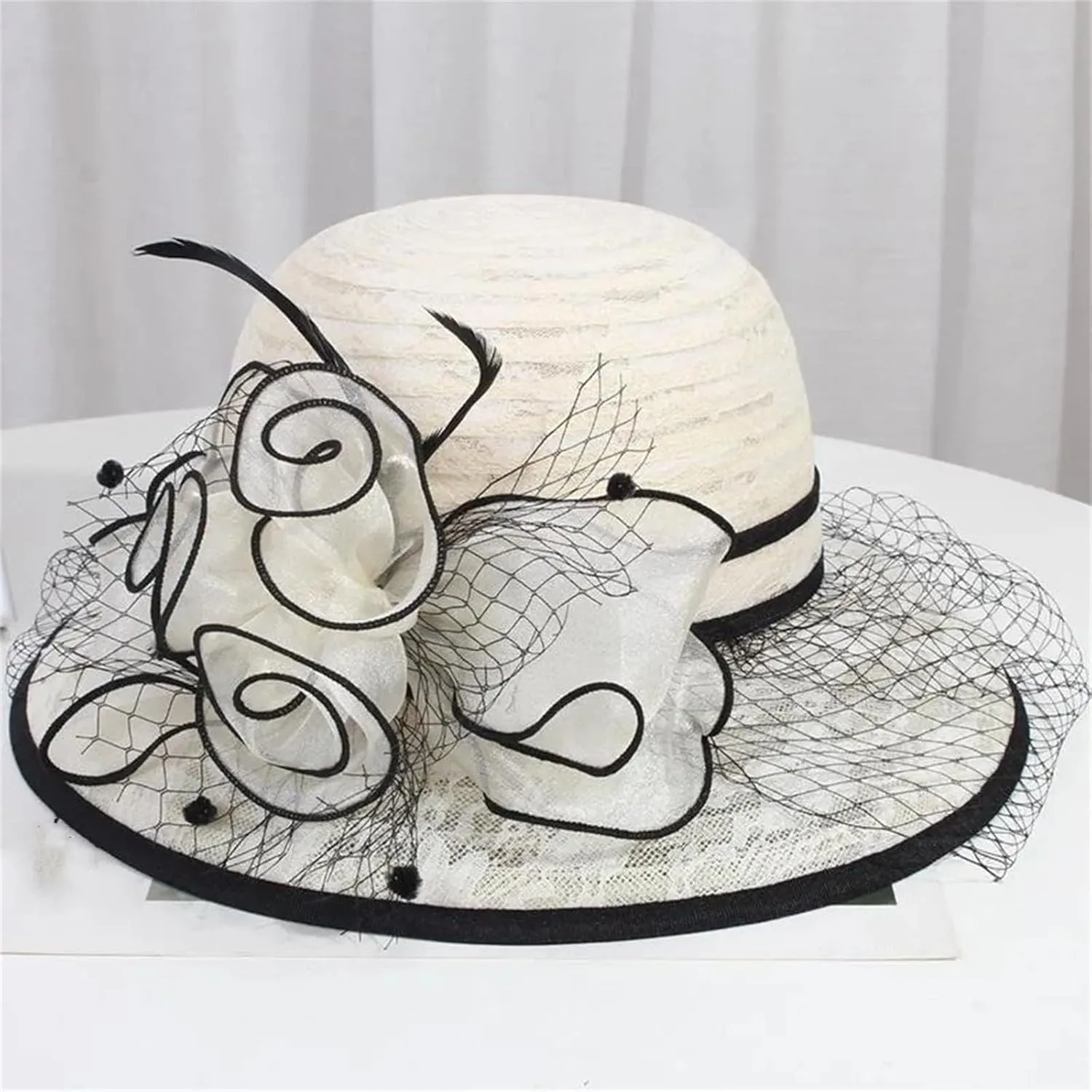 WomenS Summer Beige Lace Fascinator Hats Wide Brim Party Church Hat Elegant Wedding Fedora Ladies Sun Caps