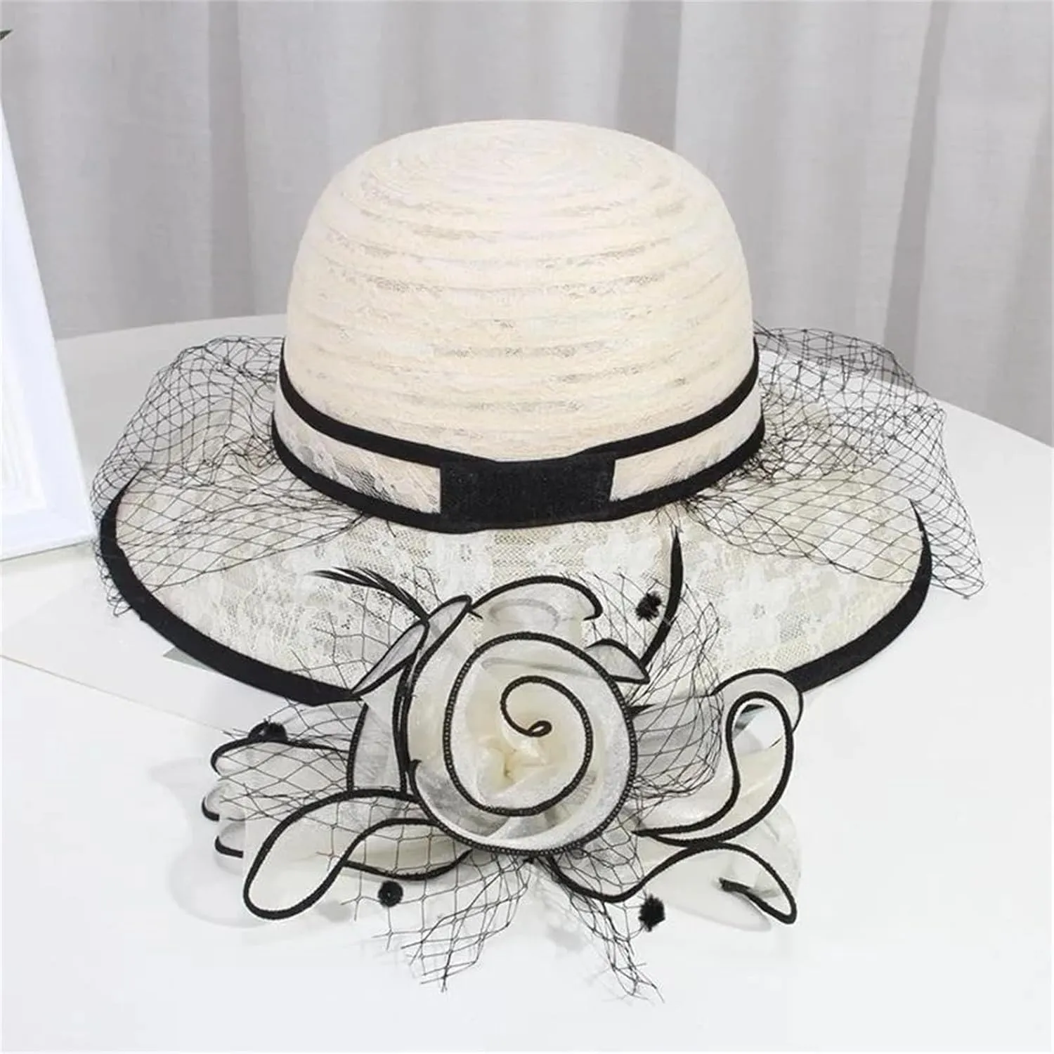 WomenS Summer Beige Lace Fascinator Hats Wide Brim Party Church Hat Elegant Wedding Fedora Ladies Sun Caps
