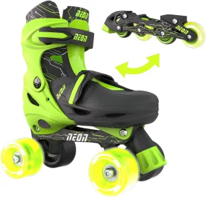 Yvolution Neon Combo Skates | 2-1 Quad and Inline Skates for Kids with LED Wheels | Adjustable Sizing (Green, 3 to 6)