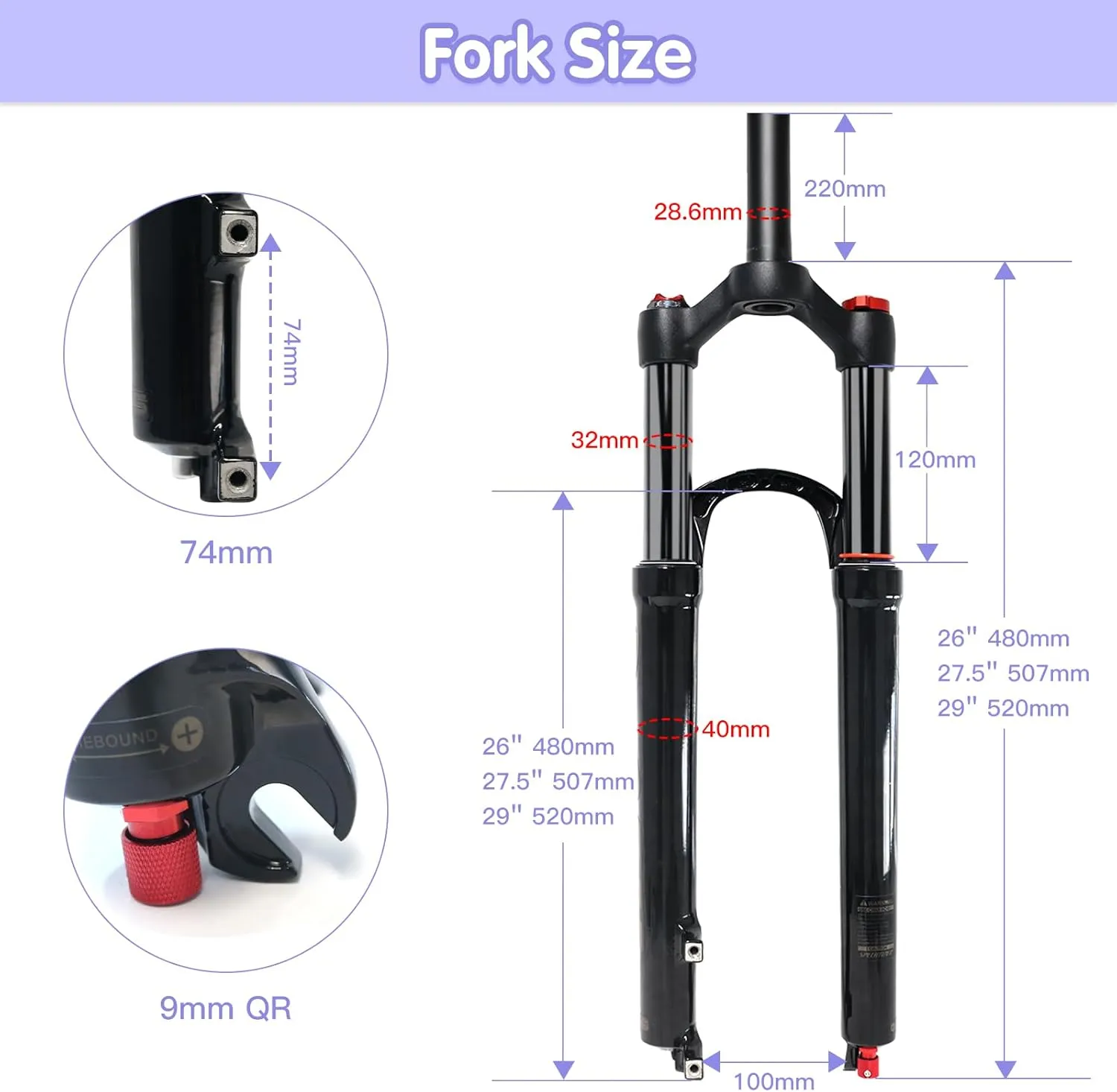 ZTZ Mountain Bike Fork,26 27.5 29 inch MTB Suspension Air Fork Rebound AdjustTravel 120mm,QR 9mm1-1/8 Straight Tube, Ultralight Mountain Bike Front Fork for XC/AM Bike
